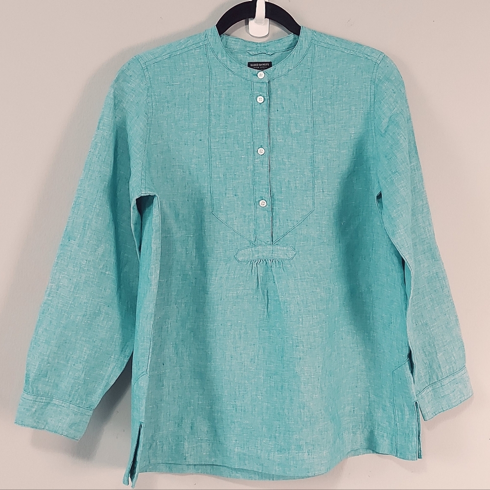 JCrew X Baird McNutt Women Irish Linen Popover Shirt Petite 4 Teal Button Front
